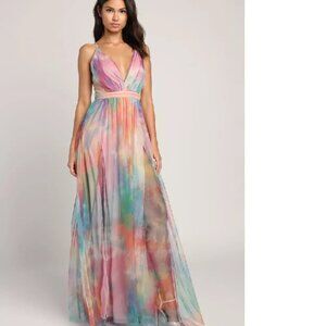 NWT Lulus Elegant Moment Multi Watercolor Backless Maxi Dress Large